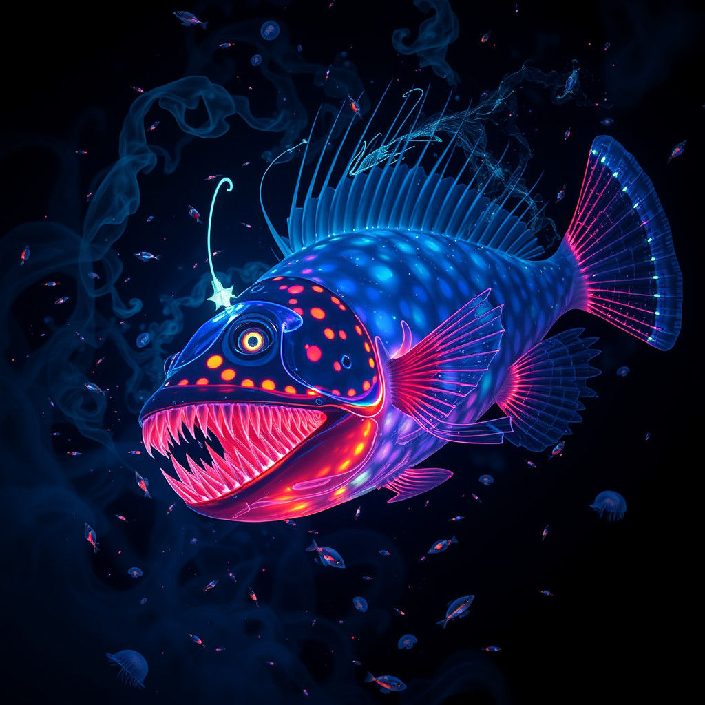 Bioluminescent Deep Sea Ecosystem in Surreal Style