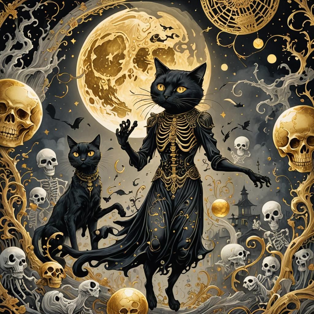 Whimsical Lithograph of Dancing Ghosts and Skeletons