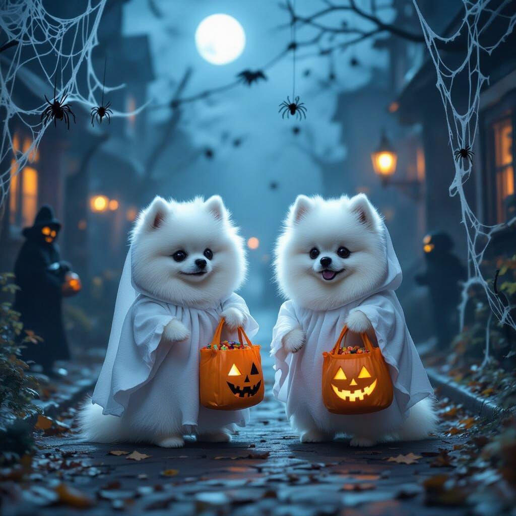 Pomeranians as Ghosts Trick-or-Treating on Spooky Halloween ...