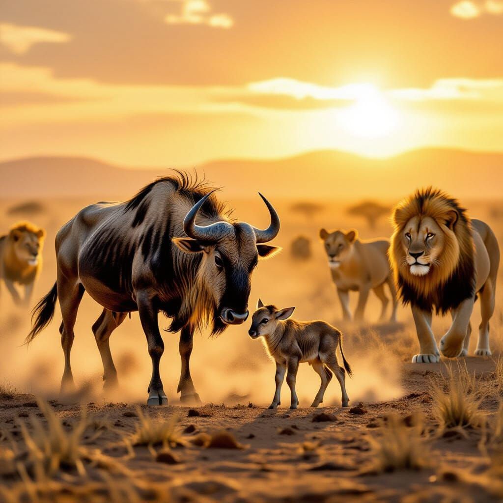 Wildebeest Mother Defends Calf in African Desert