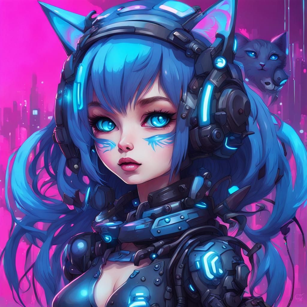 Surreal artist paints  neon blue  chibi cyber  blue catgirls...