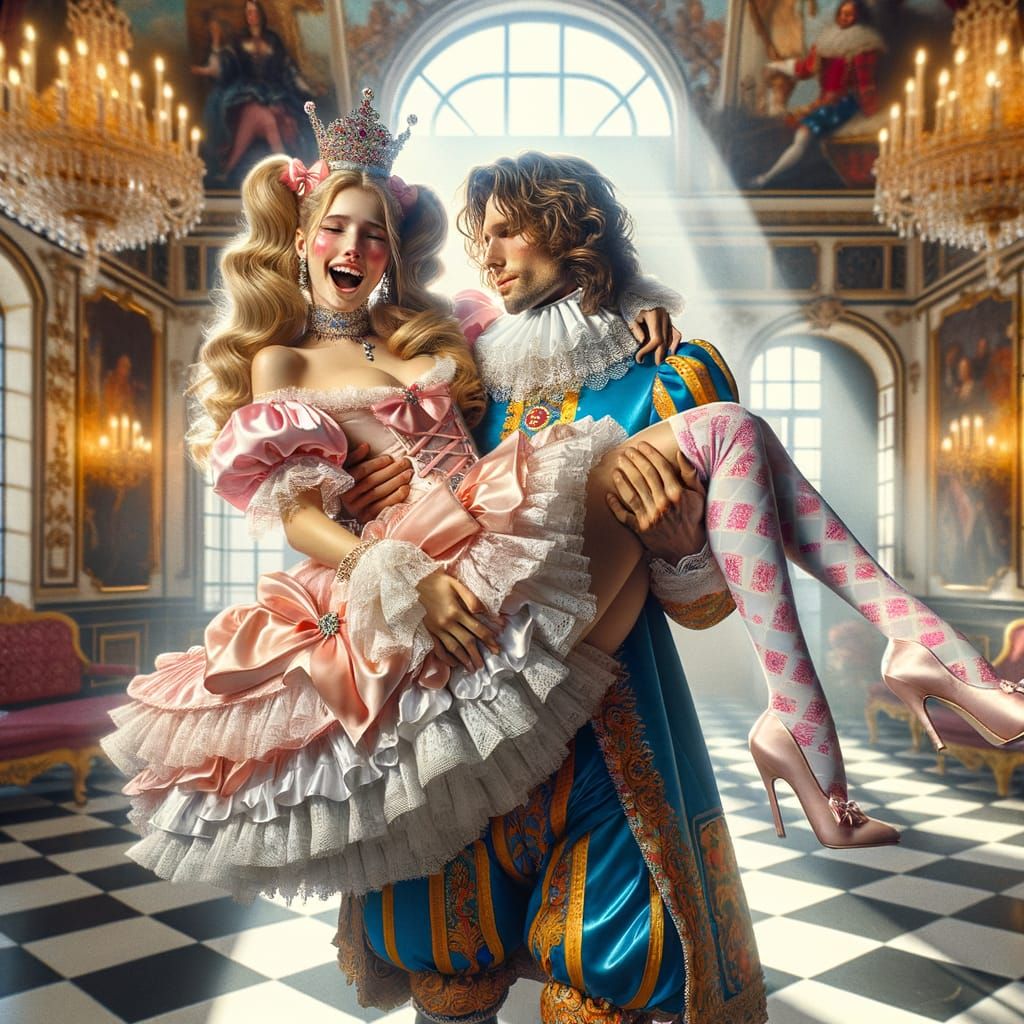 Jester and Princess in Baroque Castle Scene