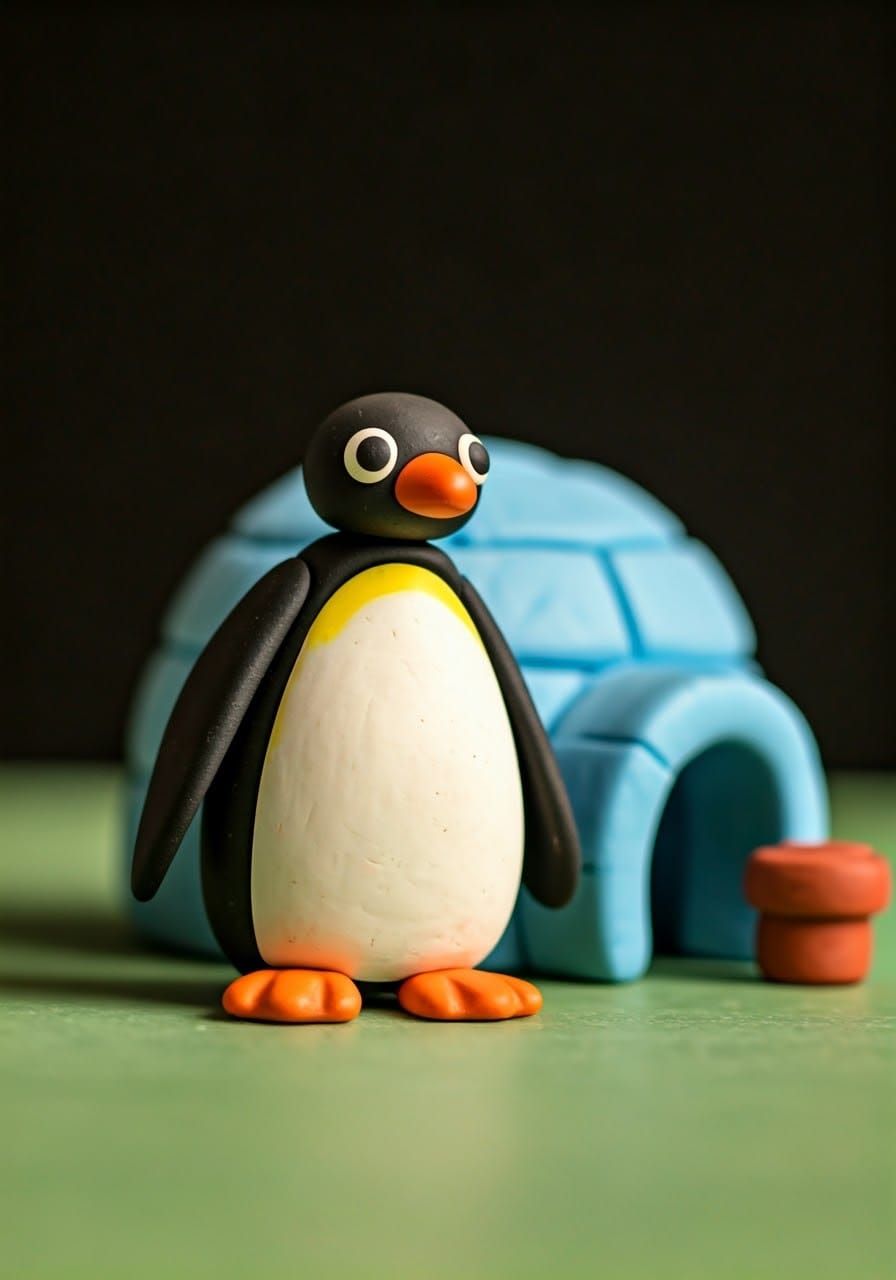 Cute Claymation Penguin Stands by Cozy Igloo in Winter Scene