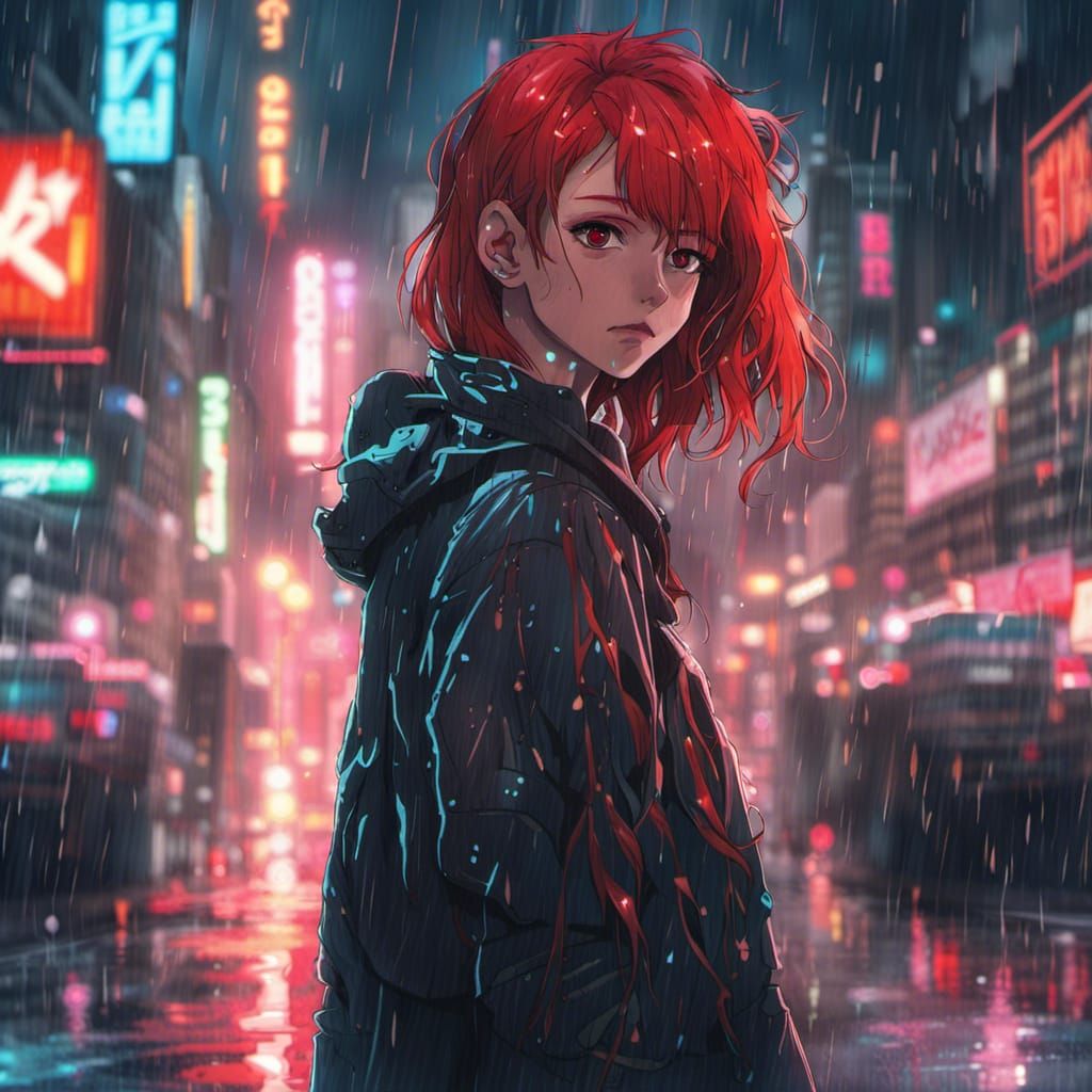 Red-Haired Girl in Rainy Cyberpunk Anime Style