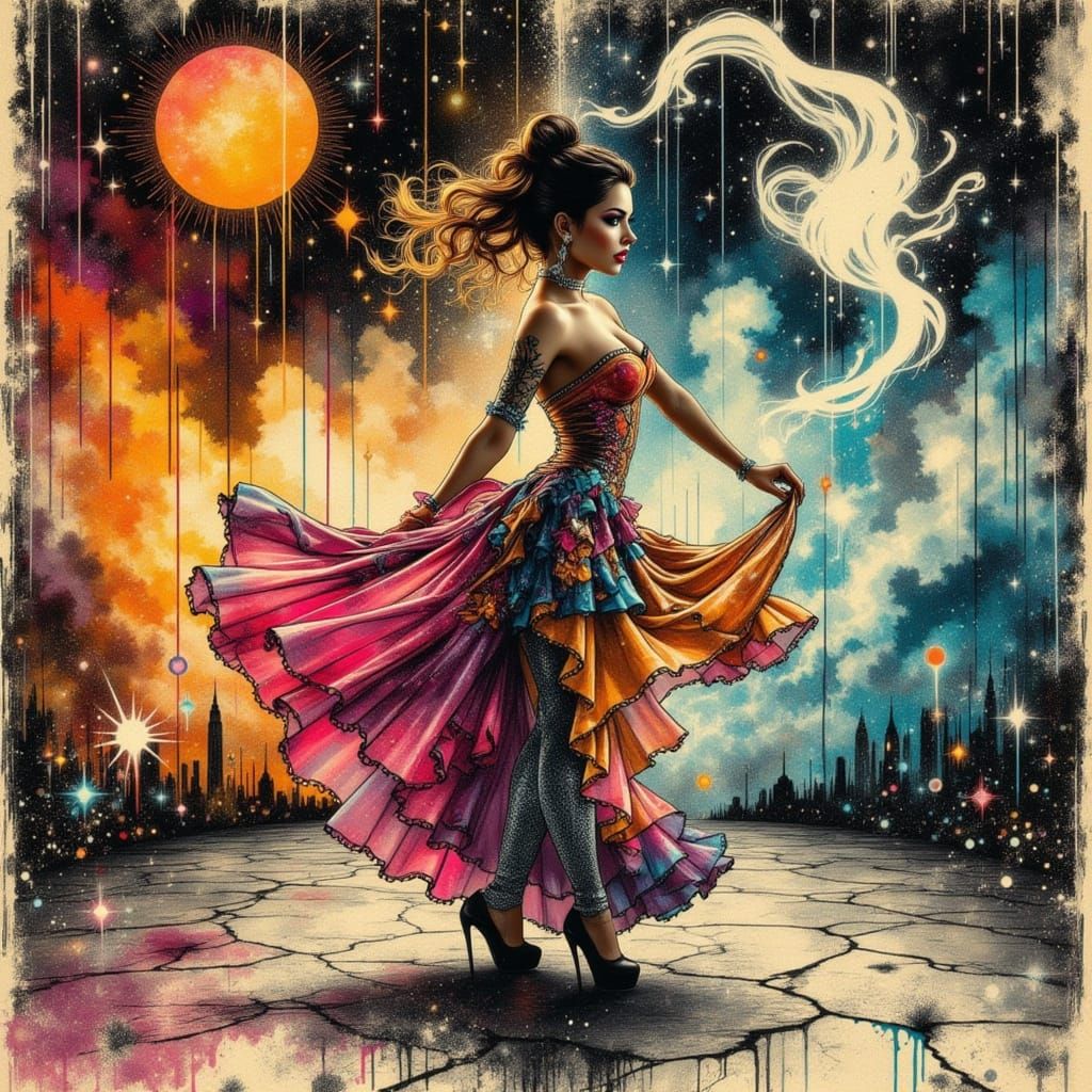 Woman Dancing in Neon-Lit Warehouse with Sketchy Overlays