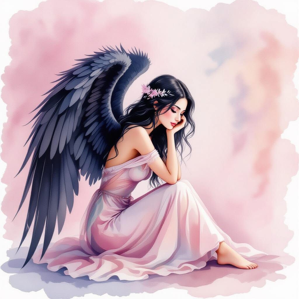 Fallen Angel with Black Wings in Pastel Watercolour