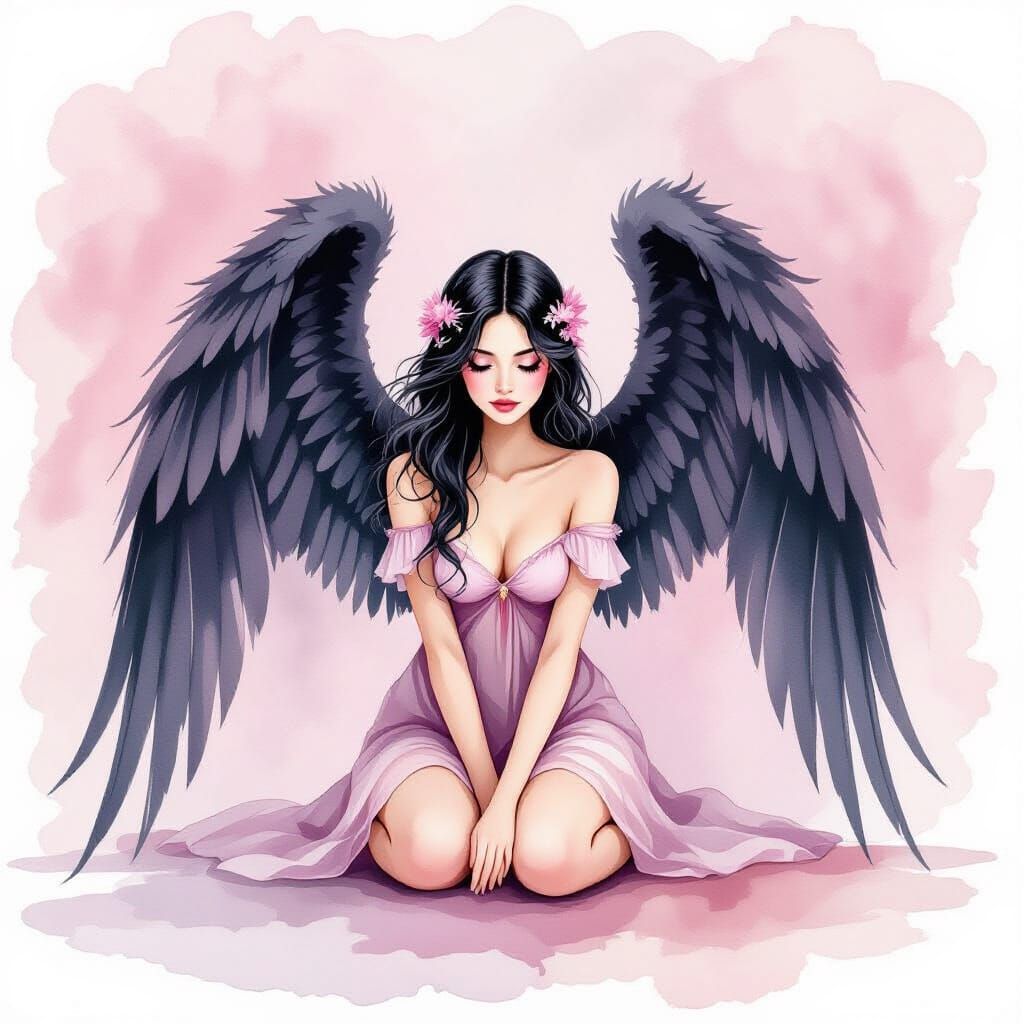 Fallen Angel with Black Wings in Pastel Watercolour