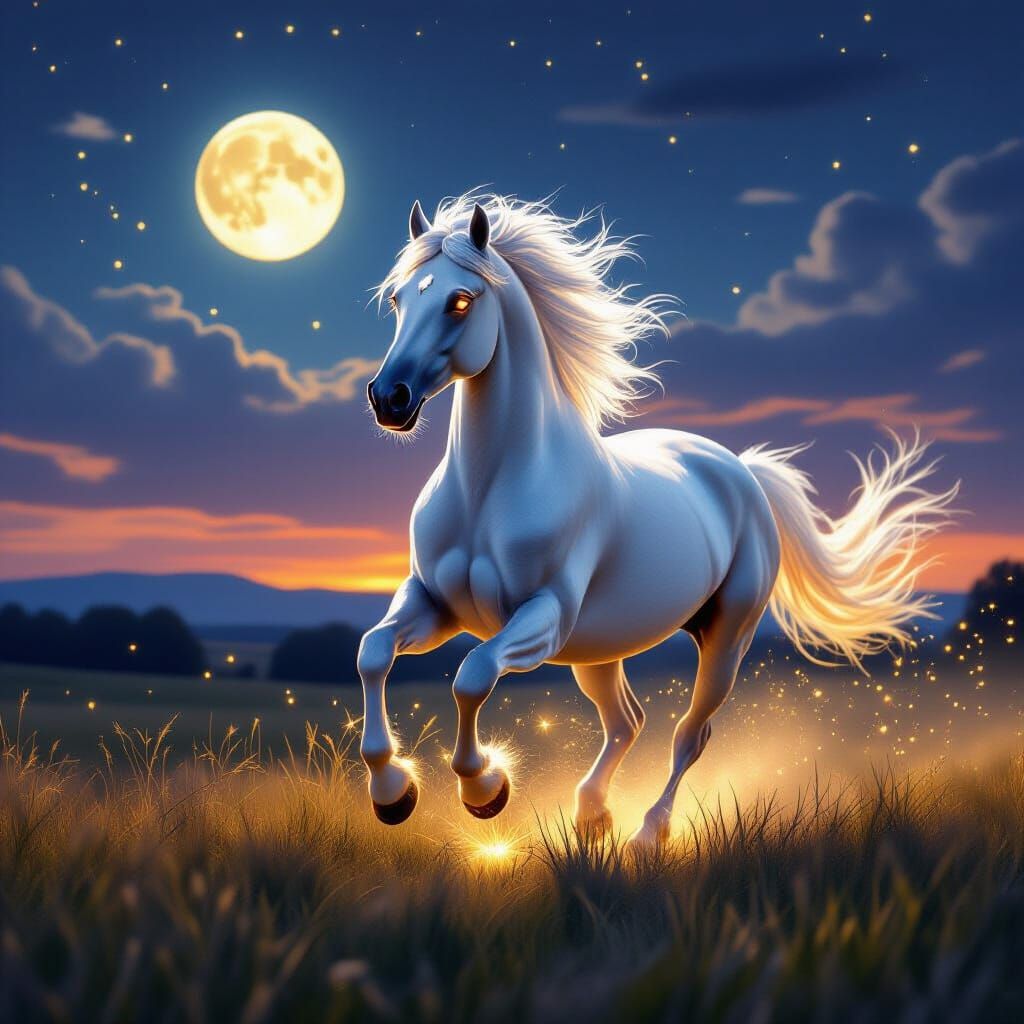 Moonlit Stallion Galloping at Dawn: Fantasy Art