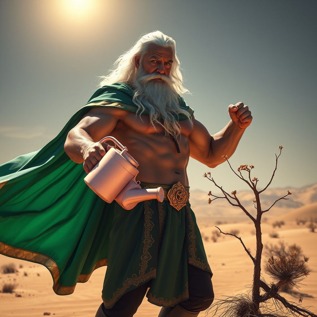 Emerald Superhero Waters Desert in Hyperrealistic Style