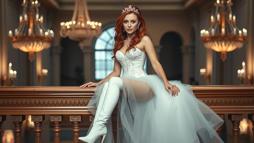 The image showcases a striking bridal portrait featuring a model seated gracefully on a polished railing. She is adorned...