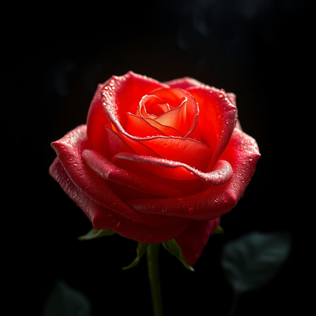 Glistening Rose Against Black, Dreamlike Digital Art