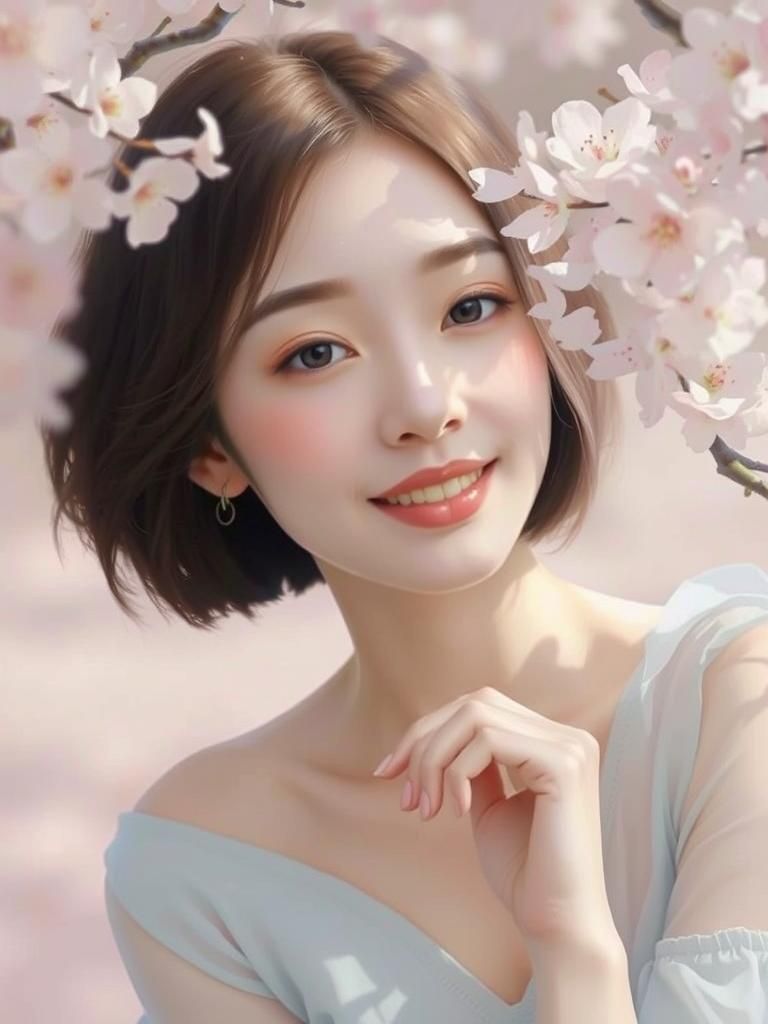 Smiling Woman Surrounded by Pastel Cherry Blossoms