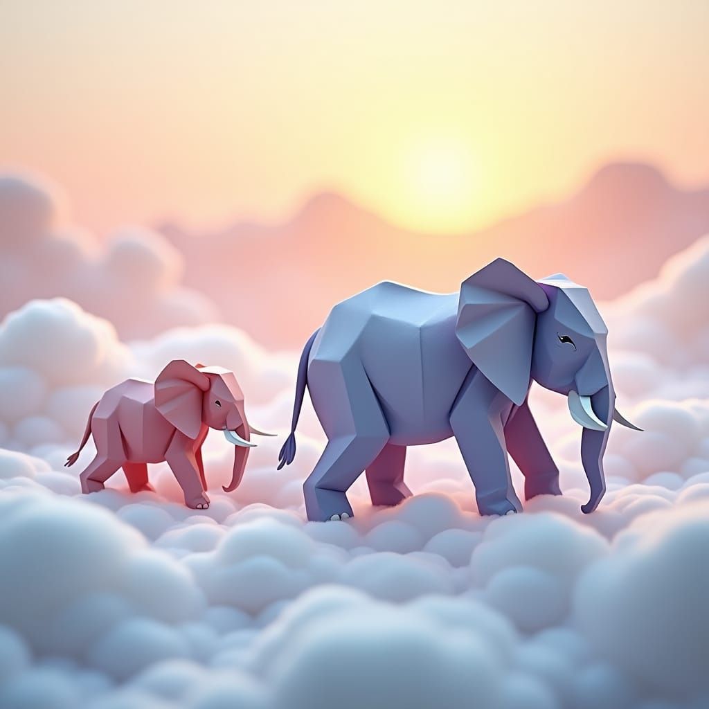 Elephants in Pastel Papercraft Cloudscape