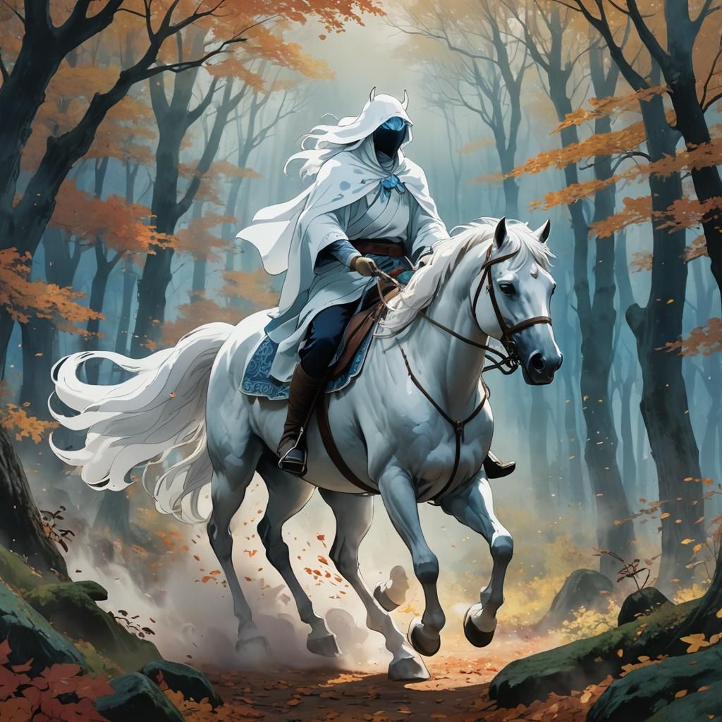 Ethereal Horse Rider in Misty Anime Forest