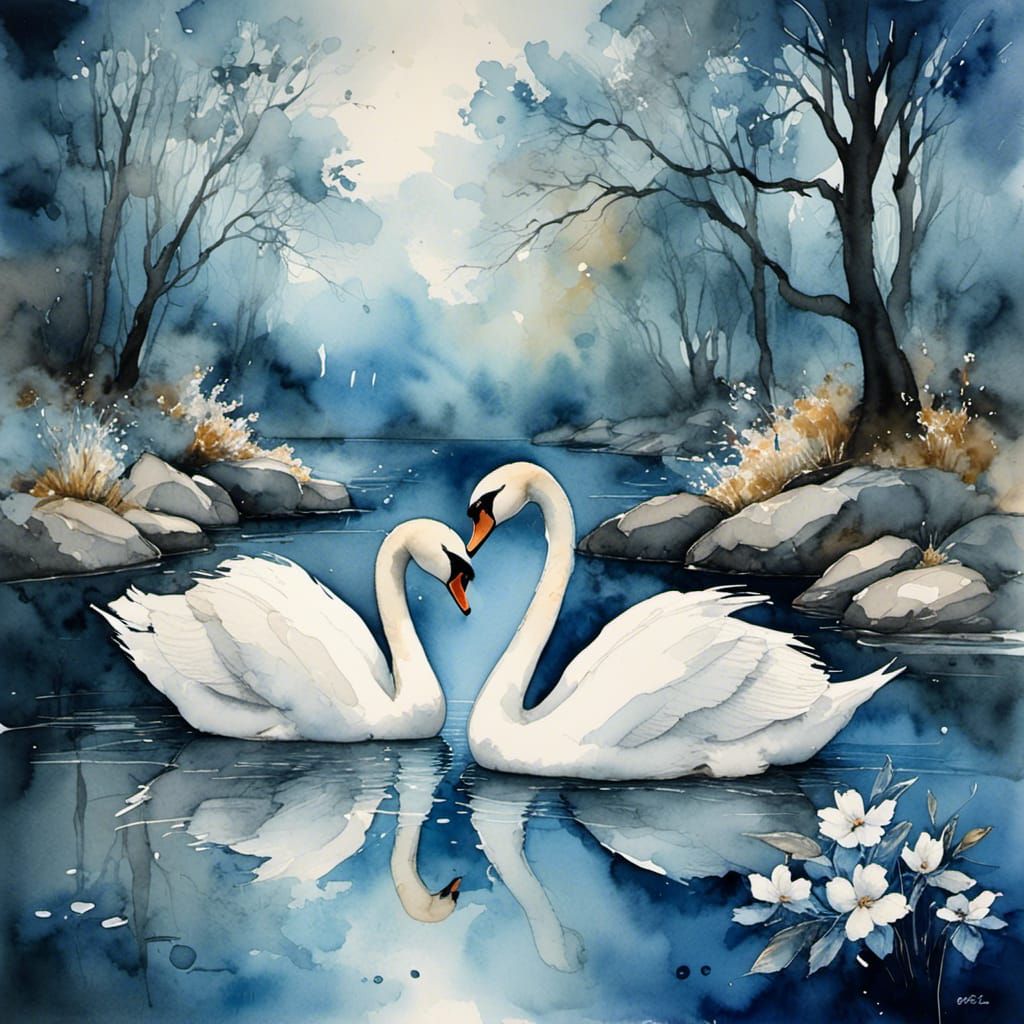 A mesmerizing abstract watercolor painting featuring two swans gracefully gliding on a serene, tranquil pond