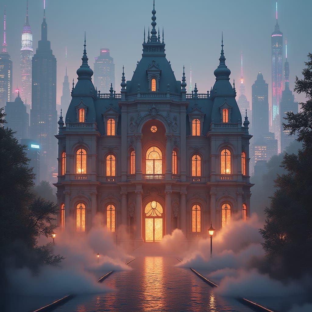 Futuristic Queen Anne Palace in Dystopian Cityscape