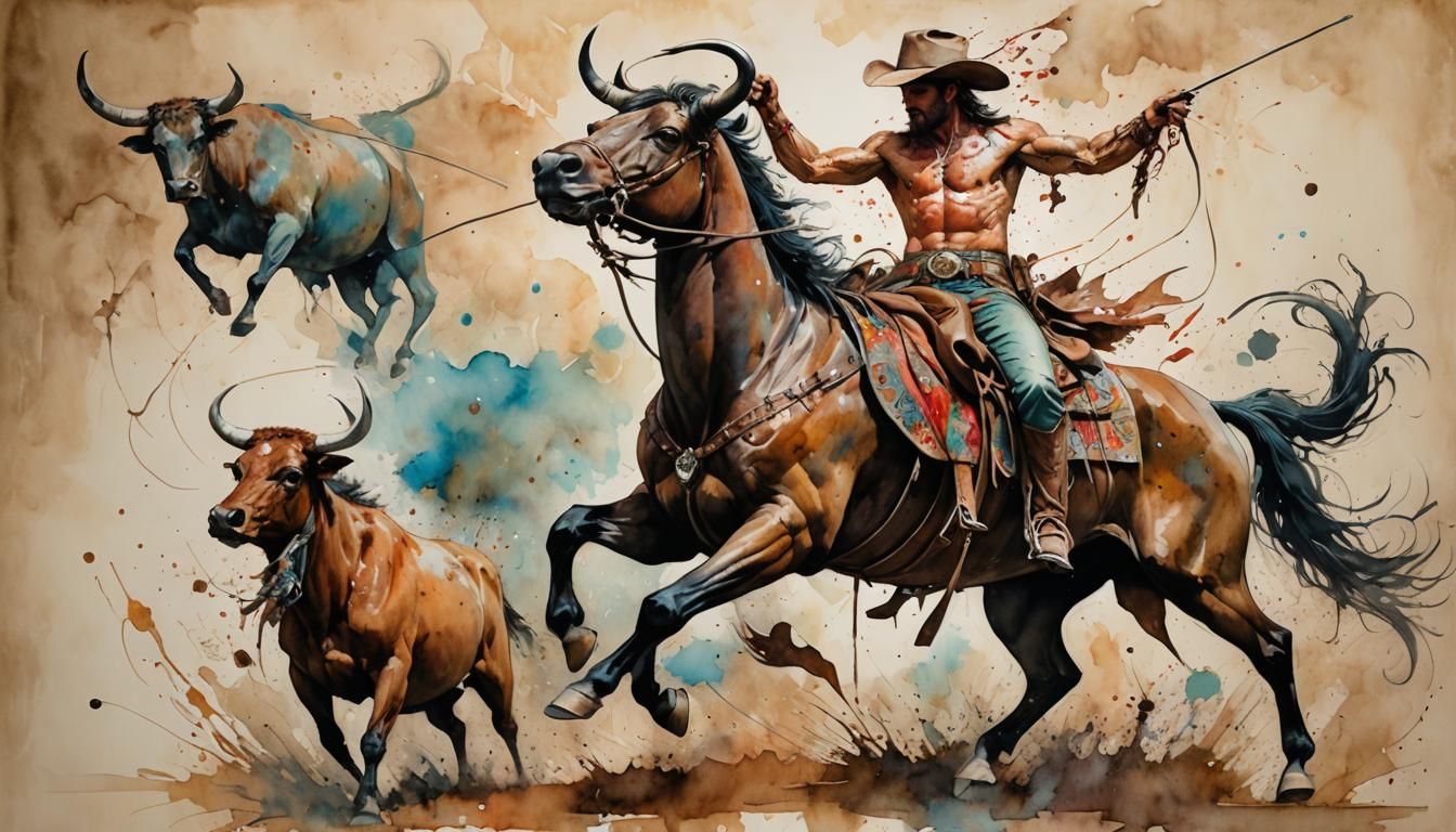 Cowboy Lassoing Bull in Watercolor Alcohol Ink Style