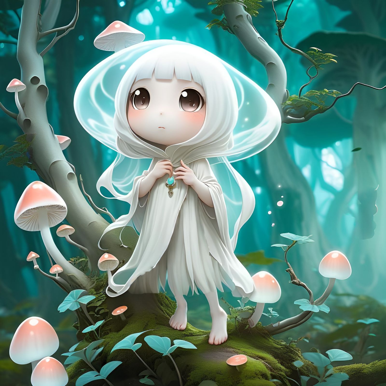 Adorable Transparent Ghost in Mushroom Forest