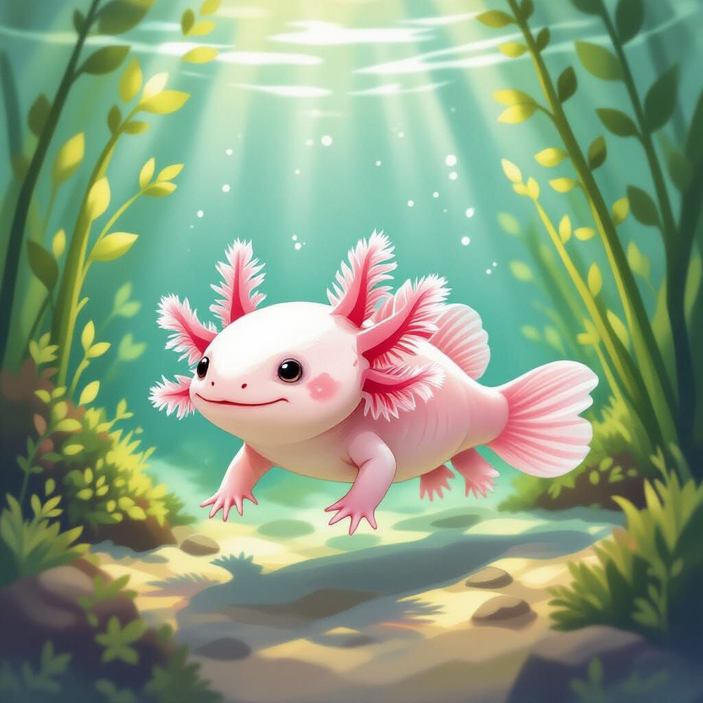 Baby Axolotl Swimming in Luminous Watercolor Aquarium
