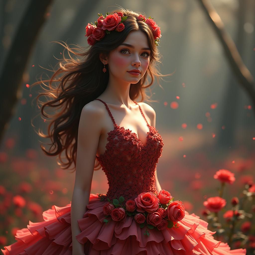 Woman in Rose Dress: Detailed Fantasy Art