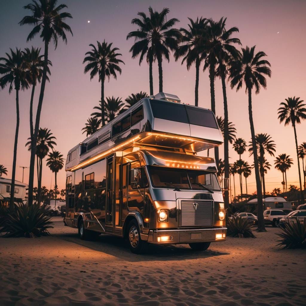 Tesla cybertruck, art deco bullet train inspired, 40 foot double decker motorhome, all chrome, parked at a beachfront ca...
