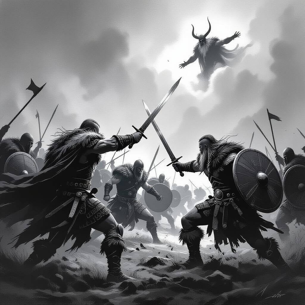 Epic Viking Battle Watched by Odin in Dramatic Sketch