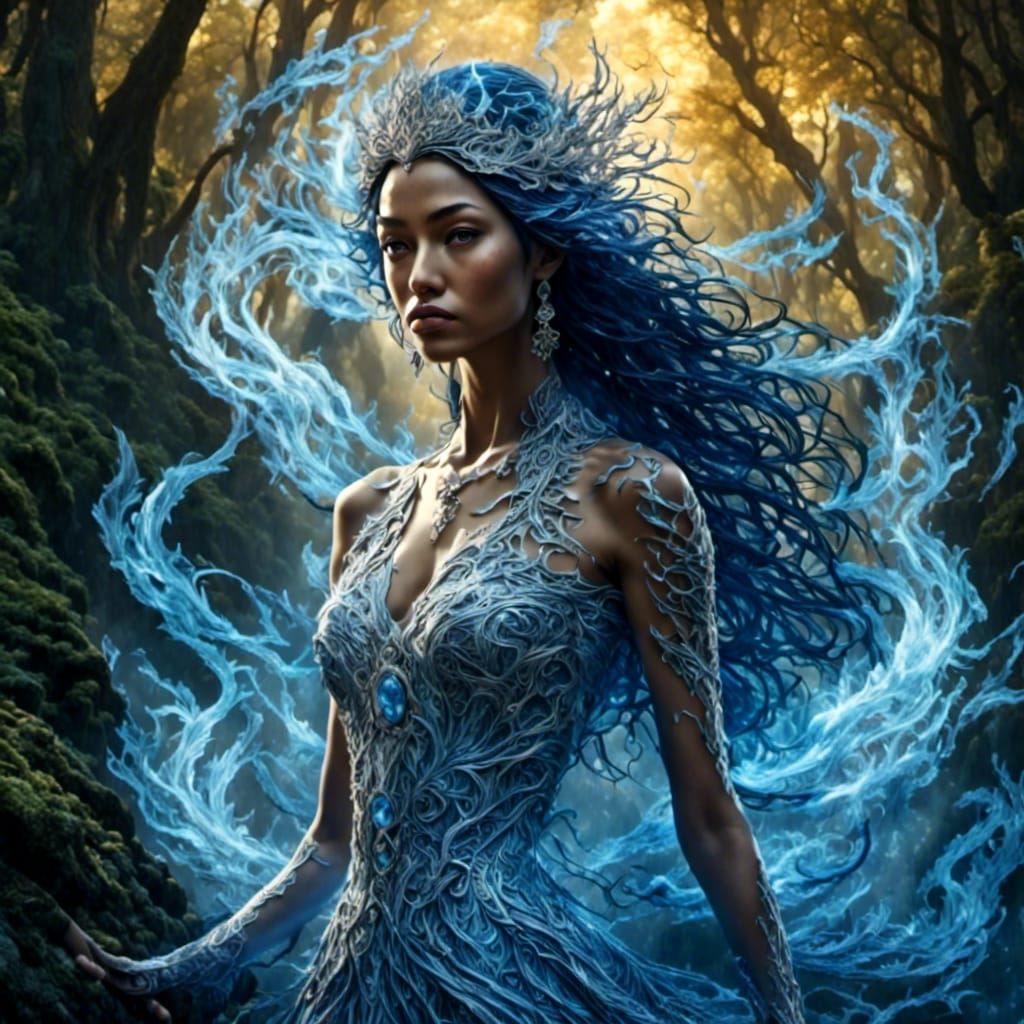 Woman with Flame Hair in Hyperreal Forest