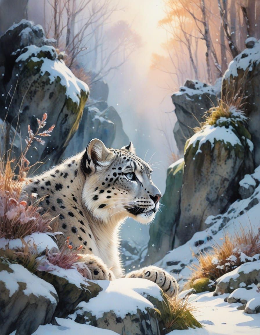 Snow Leopard Cubs in Alpine Forest, Watercolor Painting