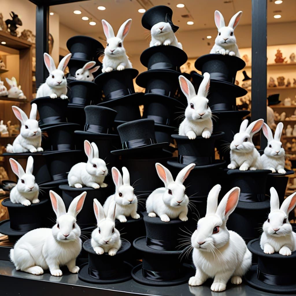 Cute Rabbits Leap from Magician Hats in Store Window