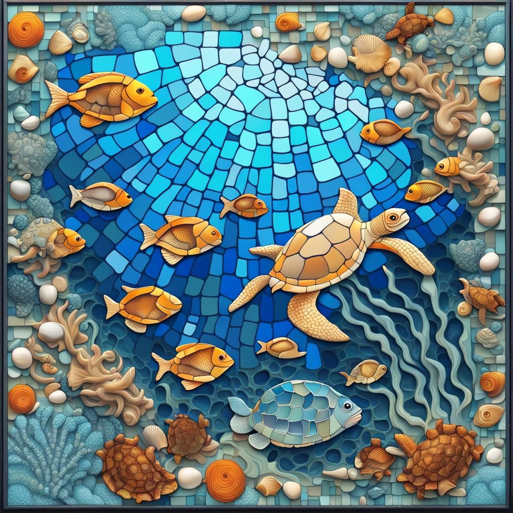 Underwater Mosaic Scene with Fish and Turtles