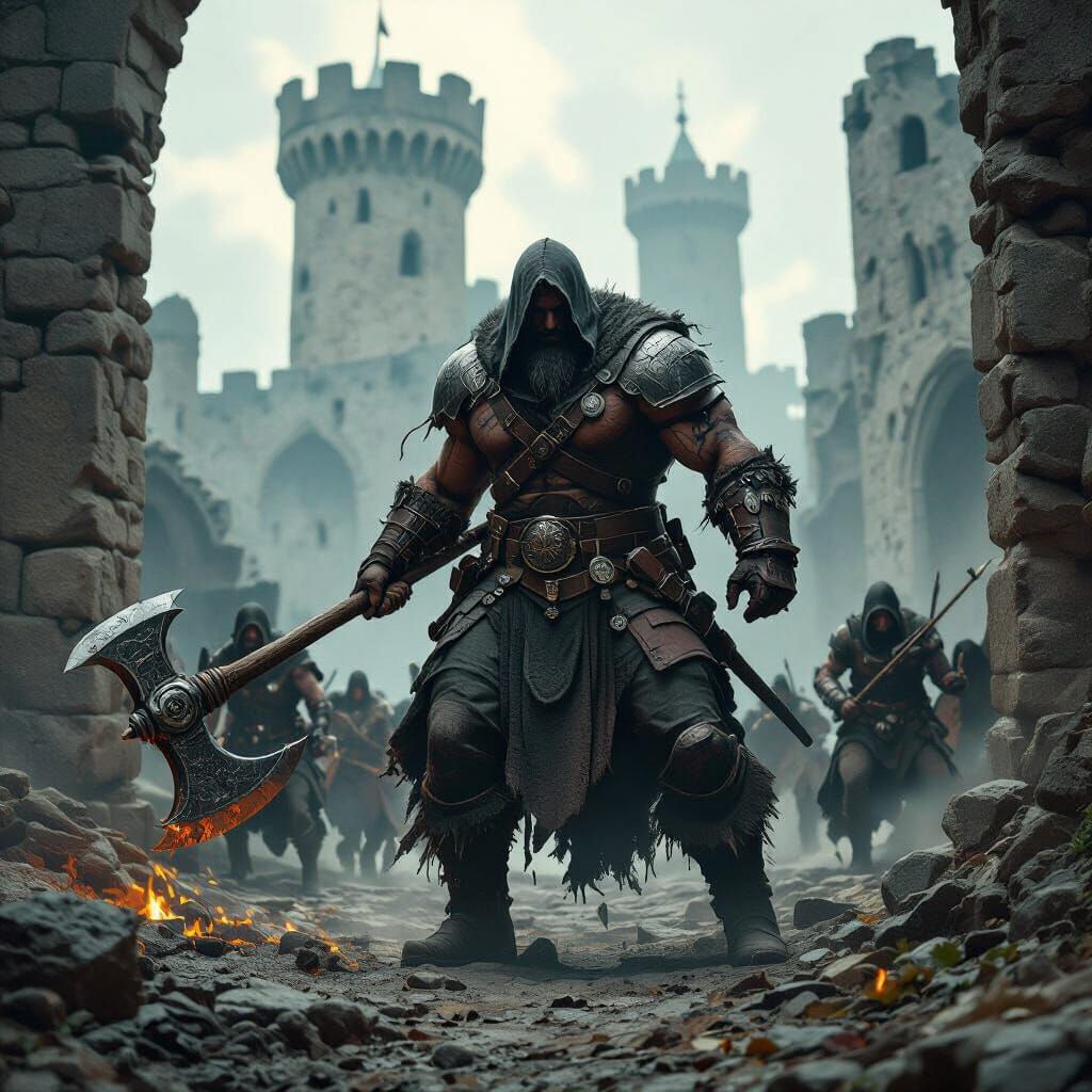 Scarred Brigand Captain Leads Thieves in Ruined Keep