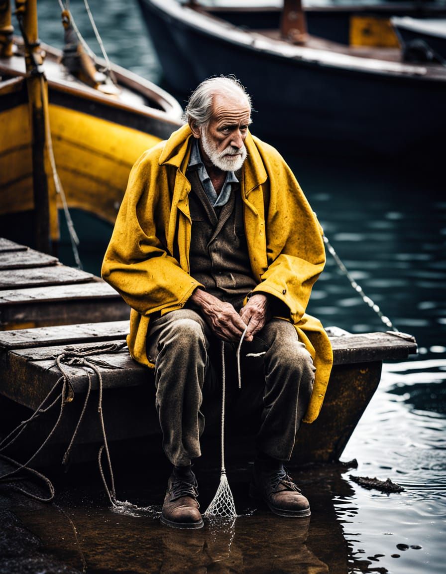 Sad Sailor Man in Yellow Cloak, Repairing Net at Portofino D...