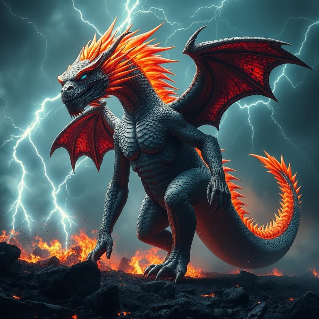 Dragon-Human Hybrid in Apocalyptic Landscape