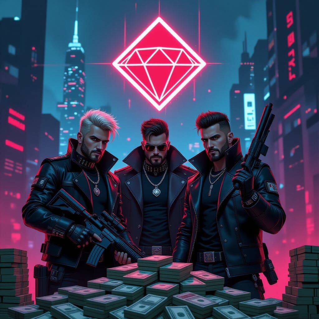 Cyberpunk Friends in Dystopian Cityscape with Neon Logo