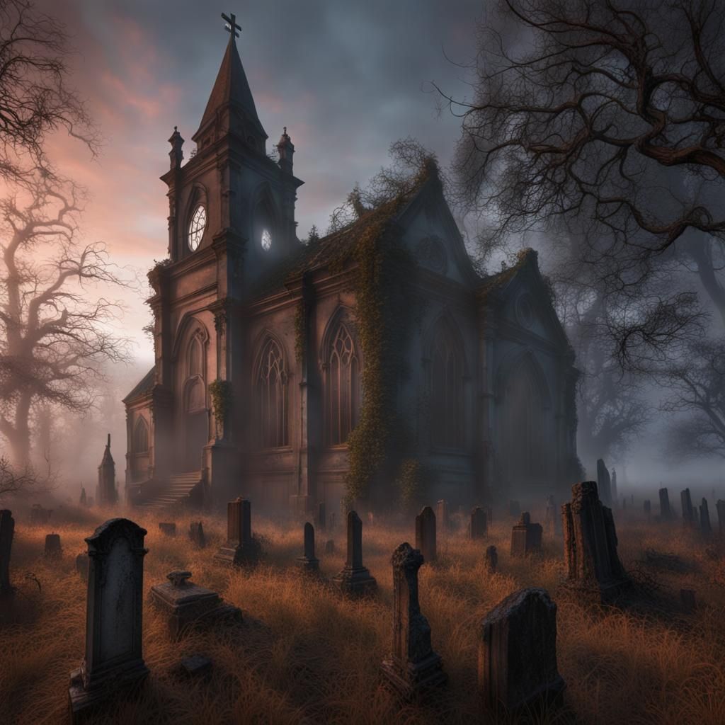 Abandoned Victorian Church and Graveyard at Sunrise