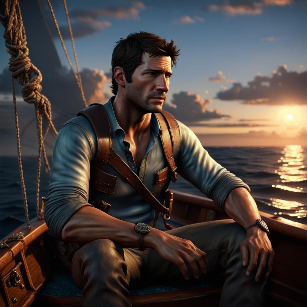 Pensive Nathan Drake at Sea: Photorealistic CGI Art