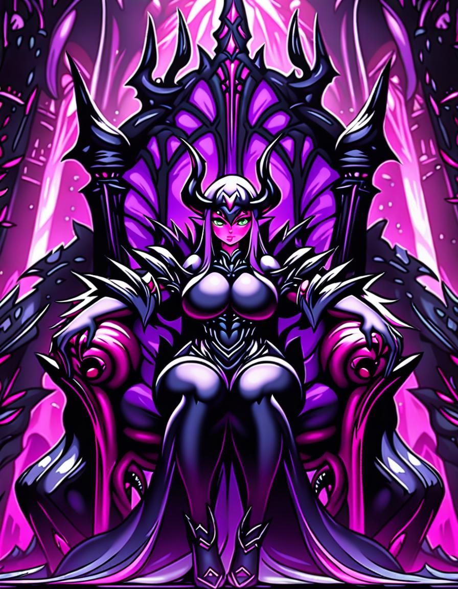 Anime Demon Queen on Throne in Cel-Shaded Style