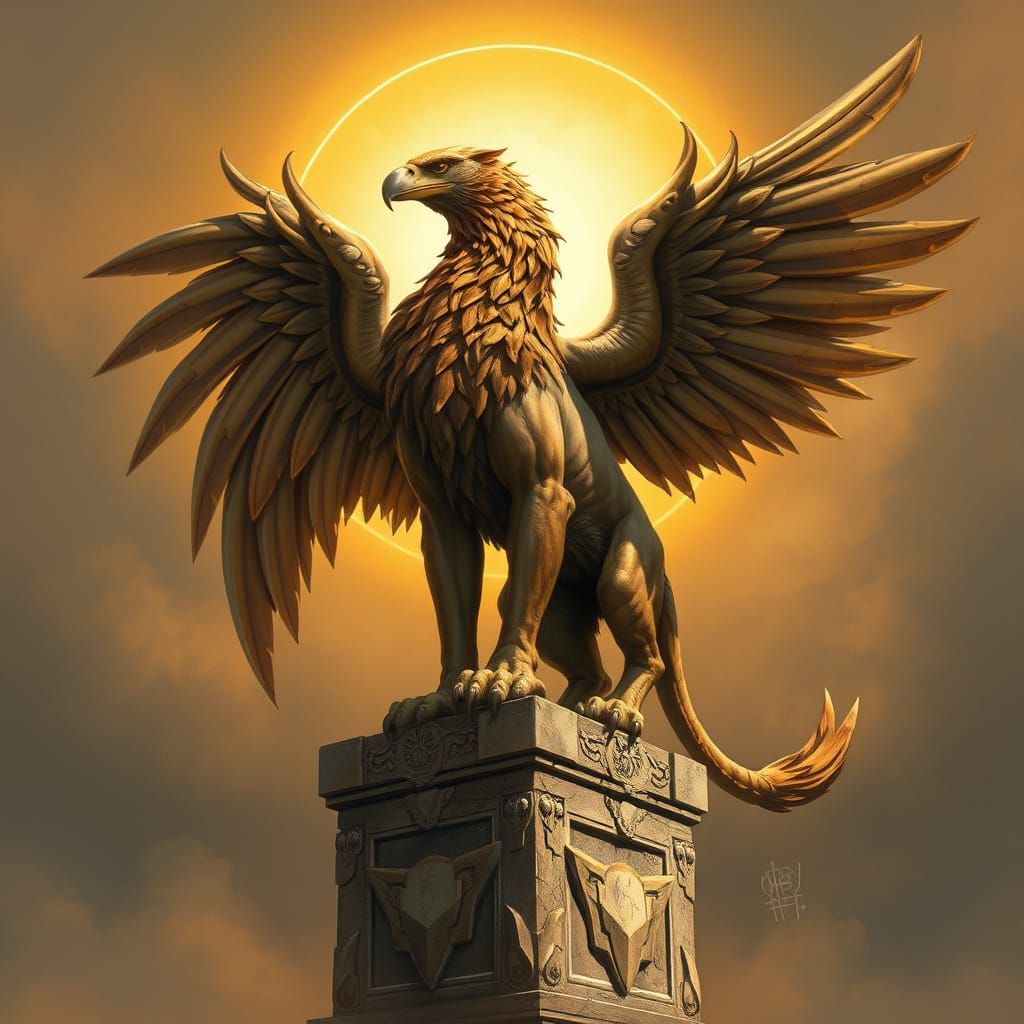 Classical Fantasy Griffin Perched on Ancient Pedestal