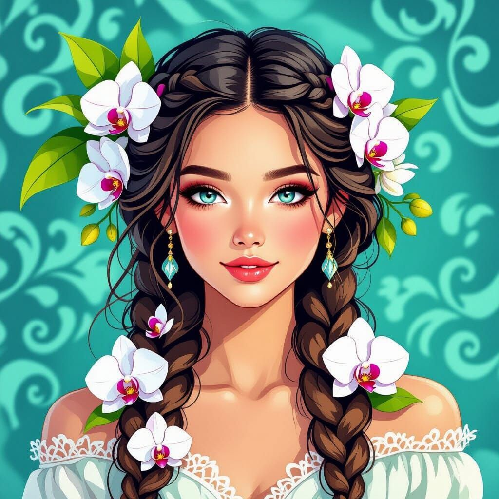 A vibrant watercolor illustration depicting a serene woman w...