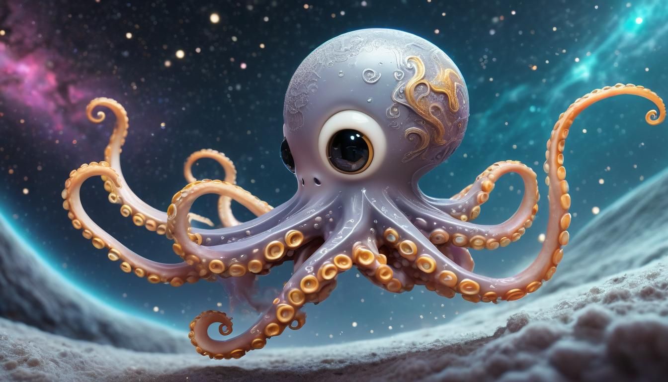 Kawaii Chibi Octopus Spirit Surfer in Cosmic Splendor