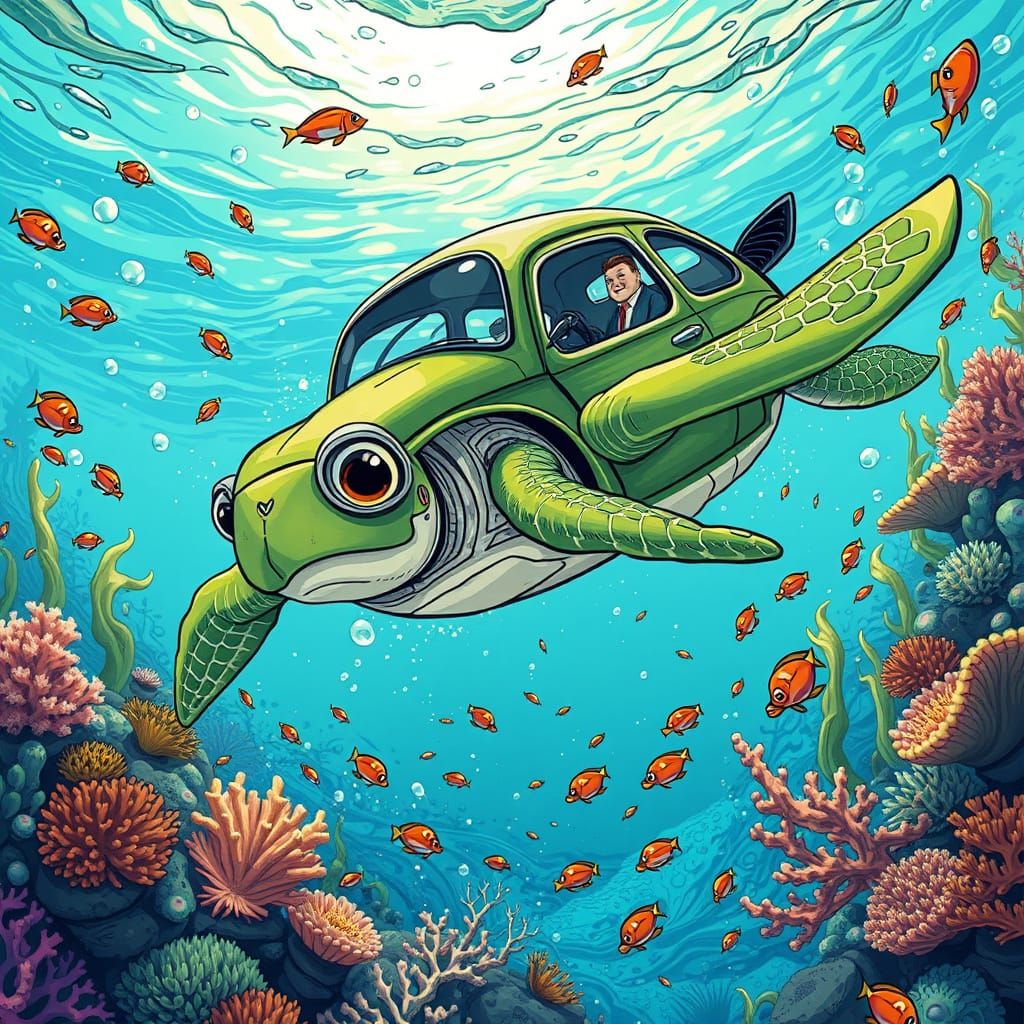 Vibrant VW Turtle Hybrid Swims in Tropical Ocean