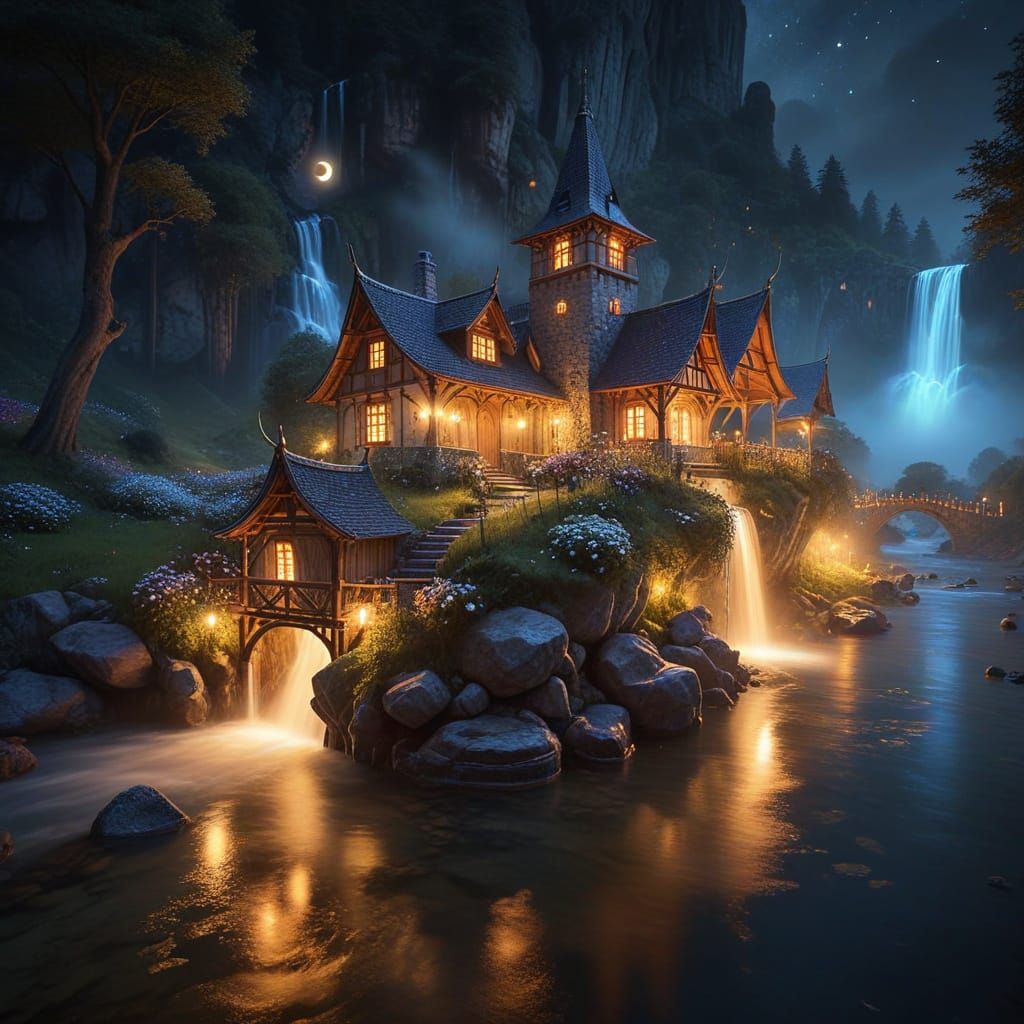 Whimsical Fantasy Landscape at Twilight with Glowing Moon an...