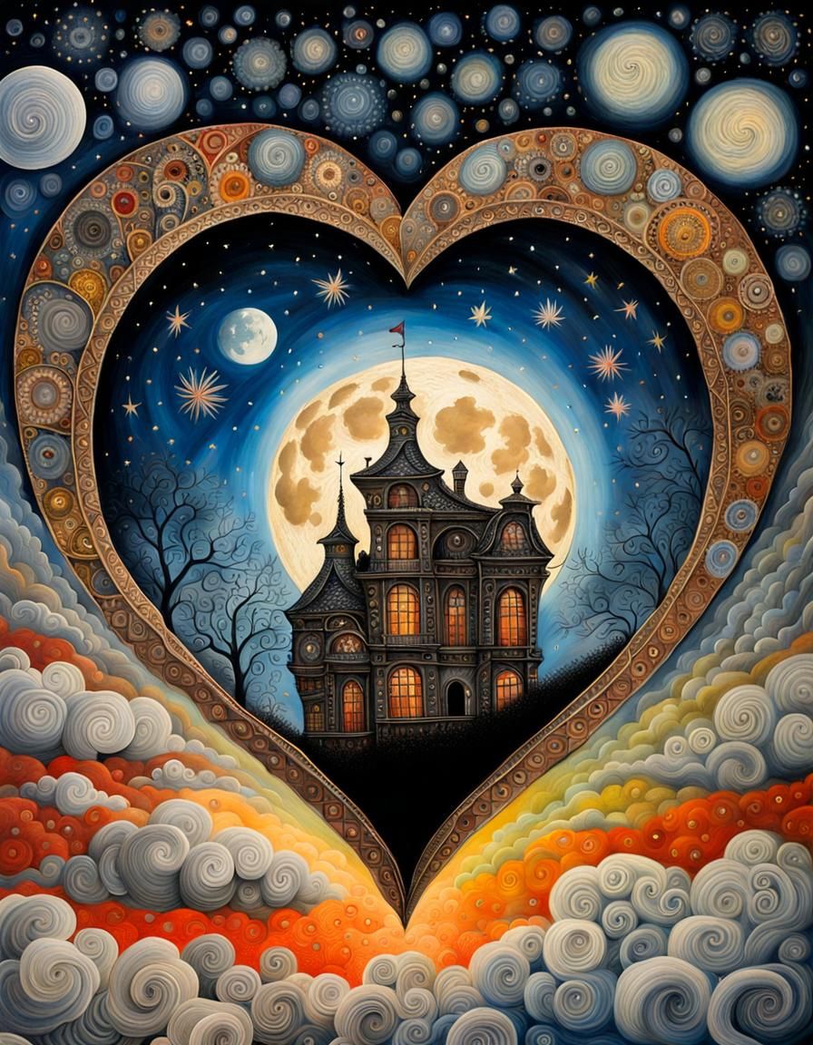 Heart Building Whimsical Illustration with Impasto Details
