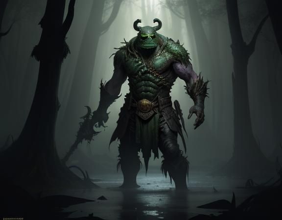 Bullywug Lurking in Misty Swamp: Dark Fantasy Art