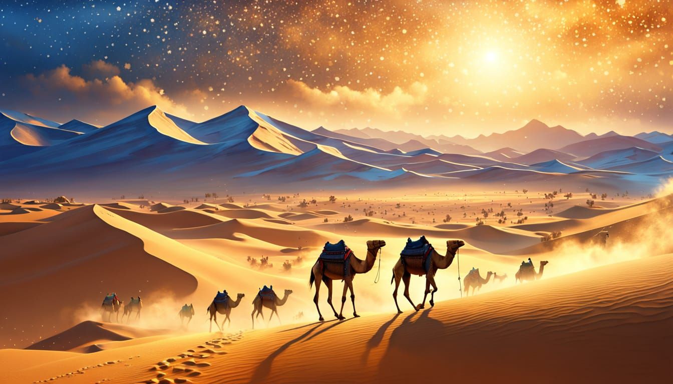 Camels in Snowy Sahara Desert: Oil Painting