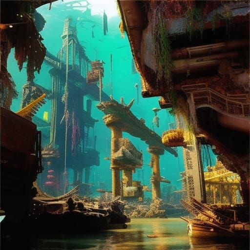 Cyberpunk Underwater City Ruins: Detailed Matte Painting