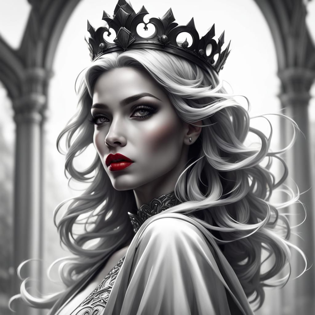 Monochrome Queen with Red Lips, Hyperdetailed Portrait