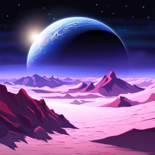 Cosmic Planet with Lake and Mountain