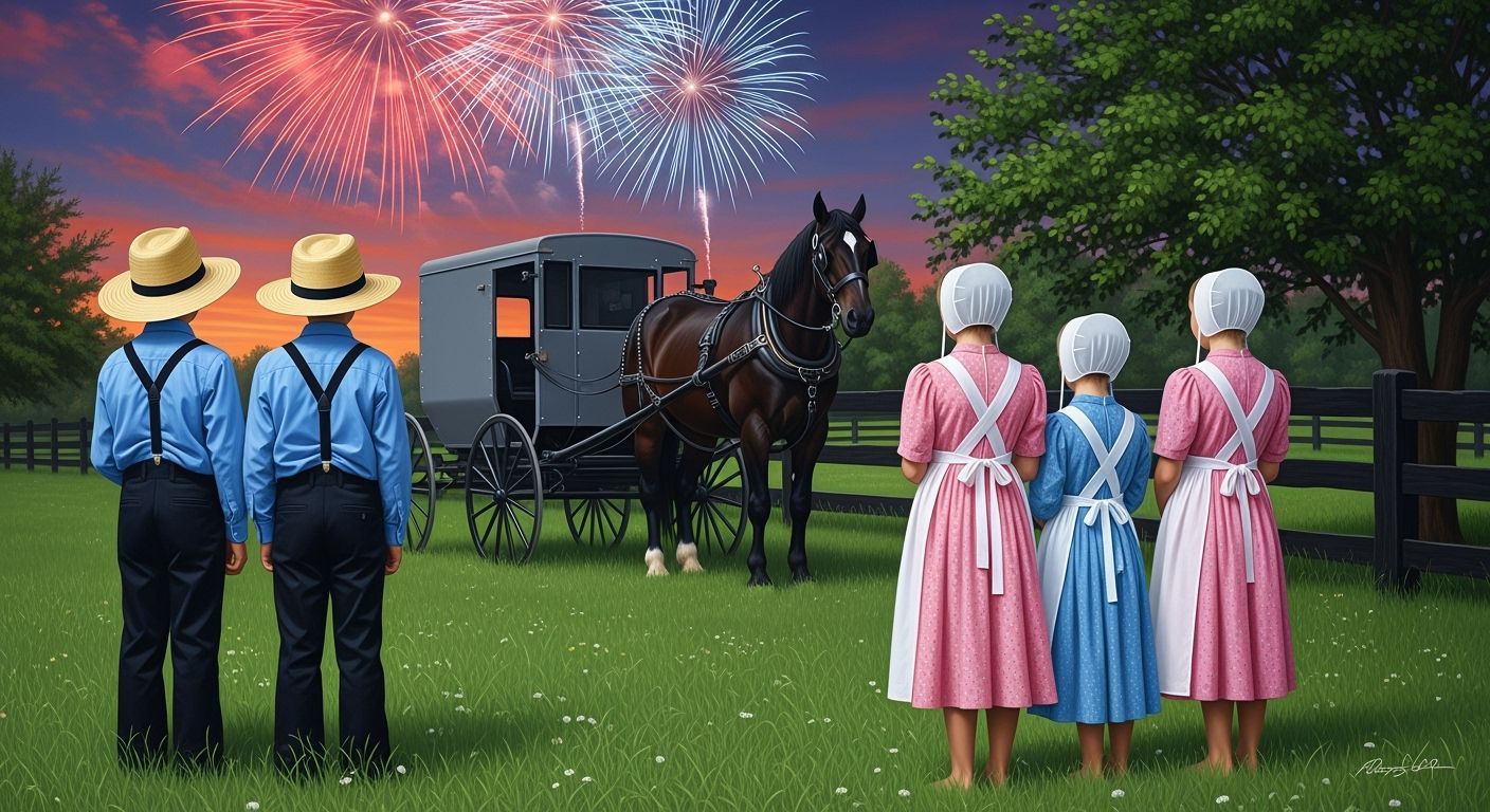 Amish Children Watching Fireworks in Photorealistic Style