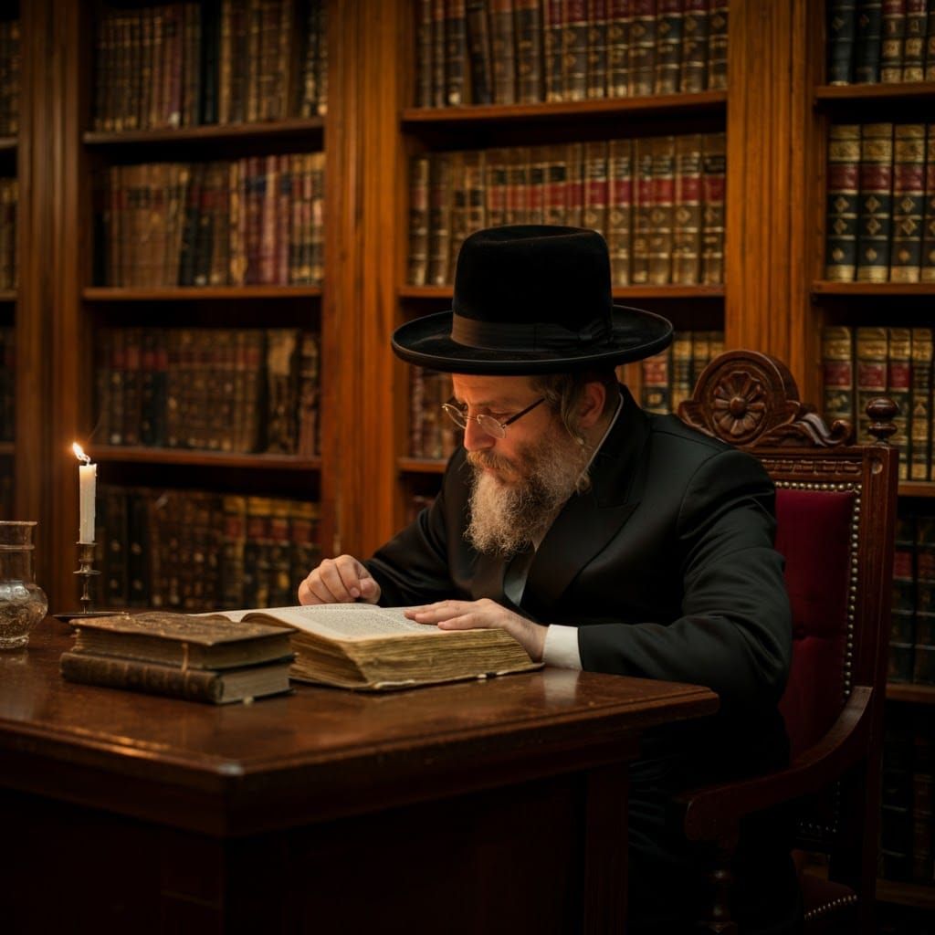 Hasidic Scholar Studying Torah in Dimly Lit Library